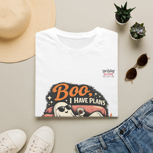 Halloween Ghost T-Shirt — “Boo I Have Plans” Funny Cozy Halloween Tee