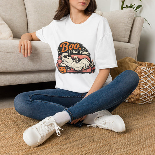 HALLOWEEN GHOST T-SHIRT — “Boo I HAVE PLANS” FUNNY COZY HALLOWEEN TEE