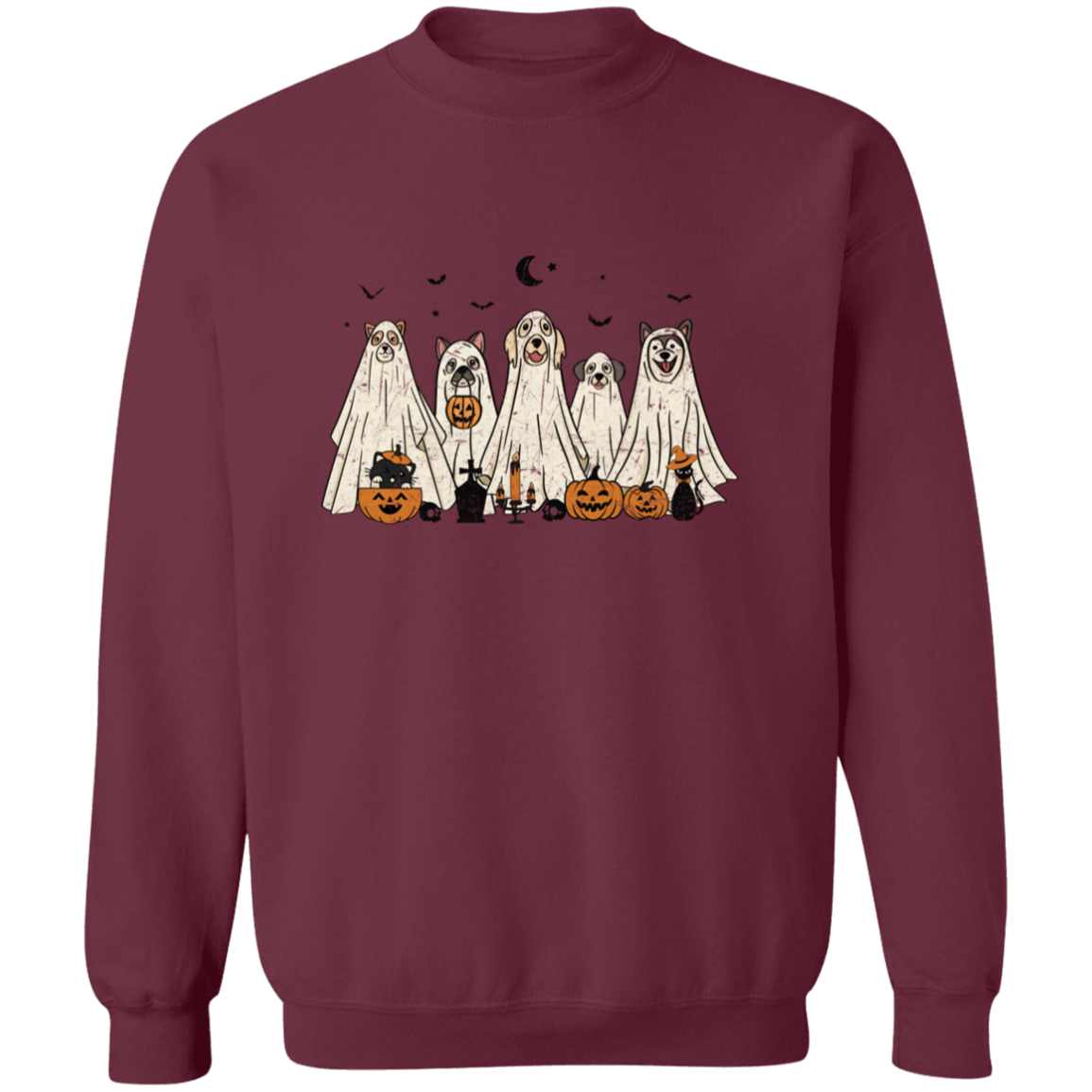 RETRO HALLOWEEN GHOST DOG UNISEX CREWNECK PULLOVER SWEATSHIRT