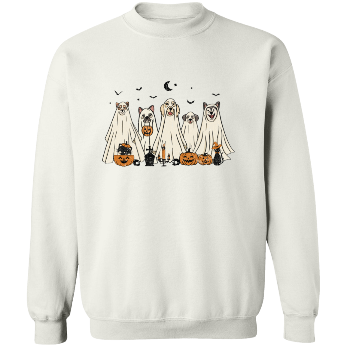RETRO HALLOWEEN GHOST DOG UNISEX CREWNECK PULLOVER SWEATSHIRT