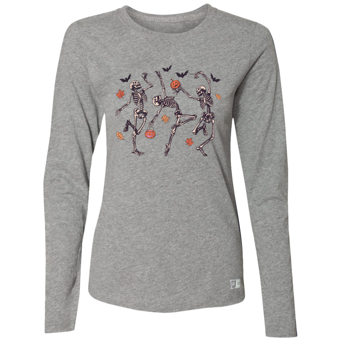 DANCING SKELETONS ESSENTIAL DRI-POWER LONG SLEEVE T-SHIRT - PUMPKIN SHIRT - FALL SHIRT - HALLOWEEN PARTY SHIRT - SPOOKY SEASON SHIRT