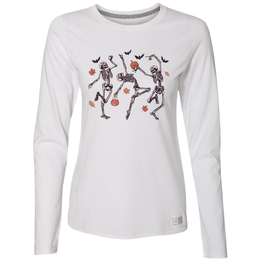DANCING SKELETONS ESSENTIAL DRI-POWER LONG SLEEVE T-SHIRT - PUMPKIN SHIRT - FALL SHIRT - HALLOWEEN PARTY SHIRT - SPOOKY SEASON SHIRT