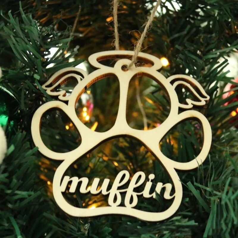 HOLLOW CHRISTMAS PENDANTS- CARTOON CAT, DOG, PAWPRINT WITH NAME - WOODEN ORNAMENTS FOR CHRISTMAS TREE