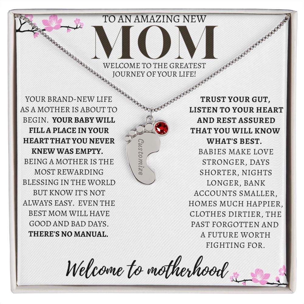 TO AN AMAZING NEW MOM ENGRAVED BABY FEET WITH BIRTHSTONE NECKLACE