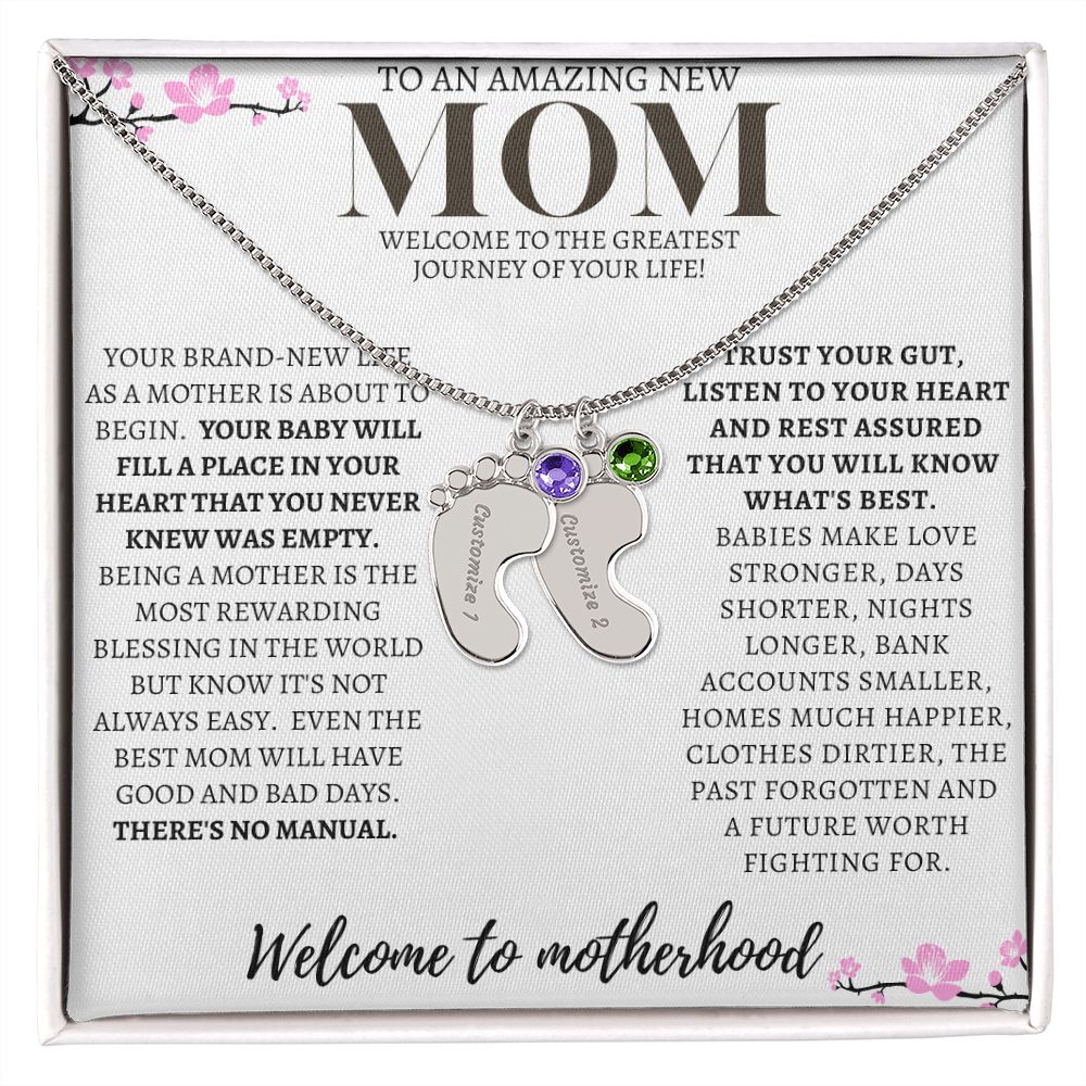 TO AN AMAZING NEW MOM ENGRAVED BABY FEET WITH BIRTHSTONE NECKLACE