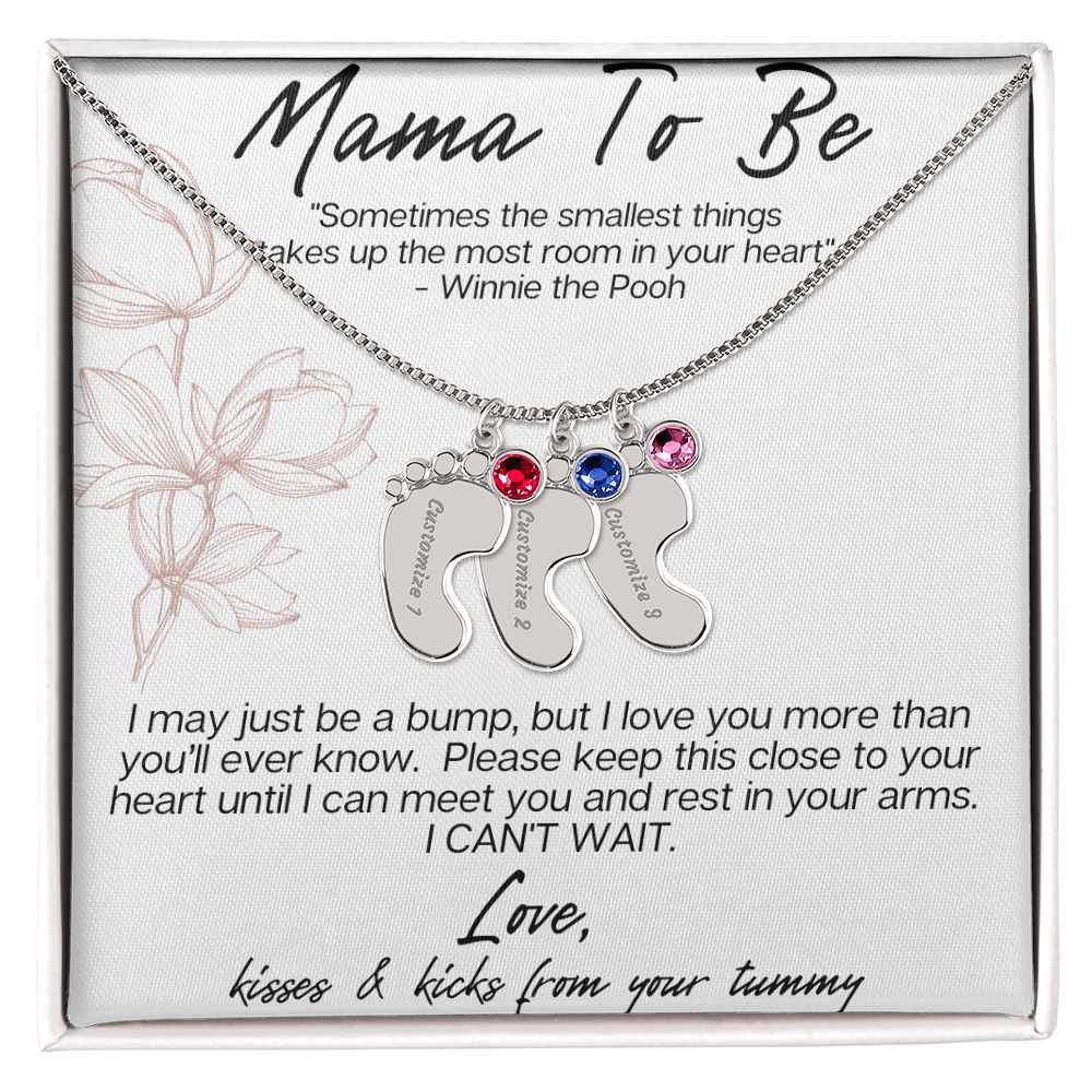 MAMA TO BE - I MAY JUST BE A BUMP ENGRAVED BABY FEET WITH BIRTHSTONES NECKLACE