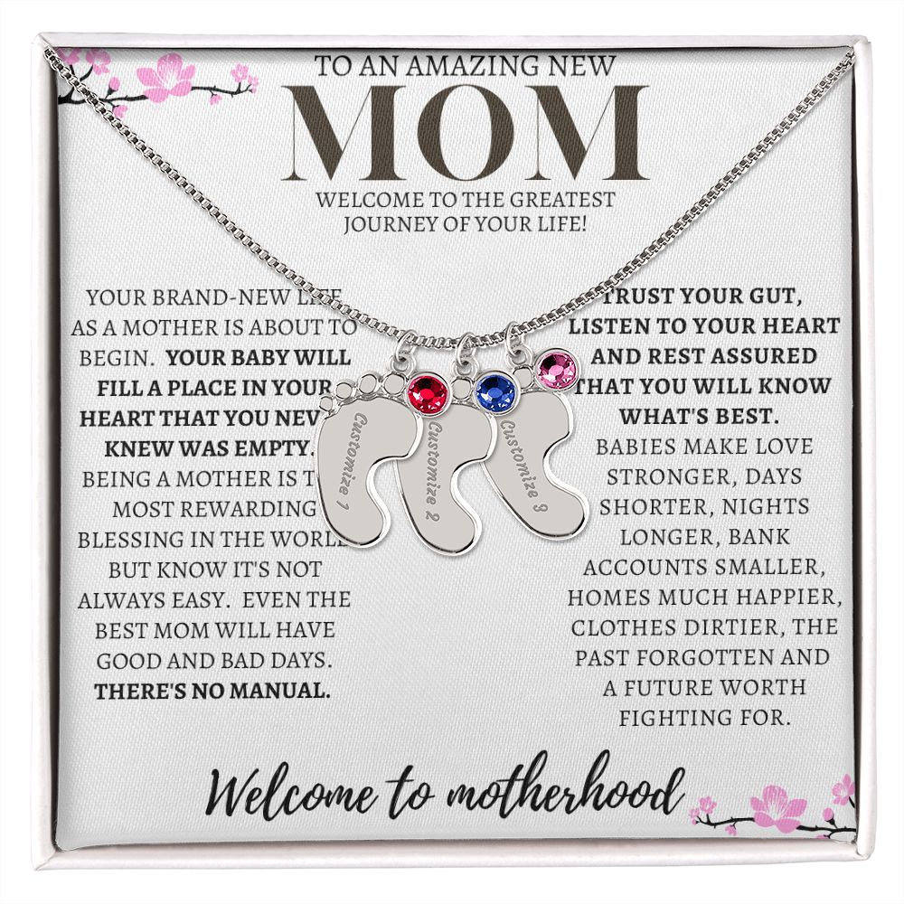 TO AN AMAZING NEW MOM ENGRAVED BABY FEET WITH BIRTHSTONE NECKLACE