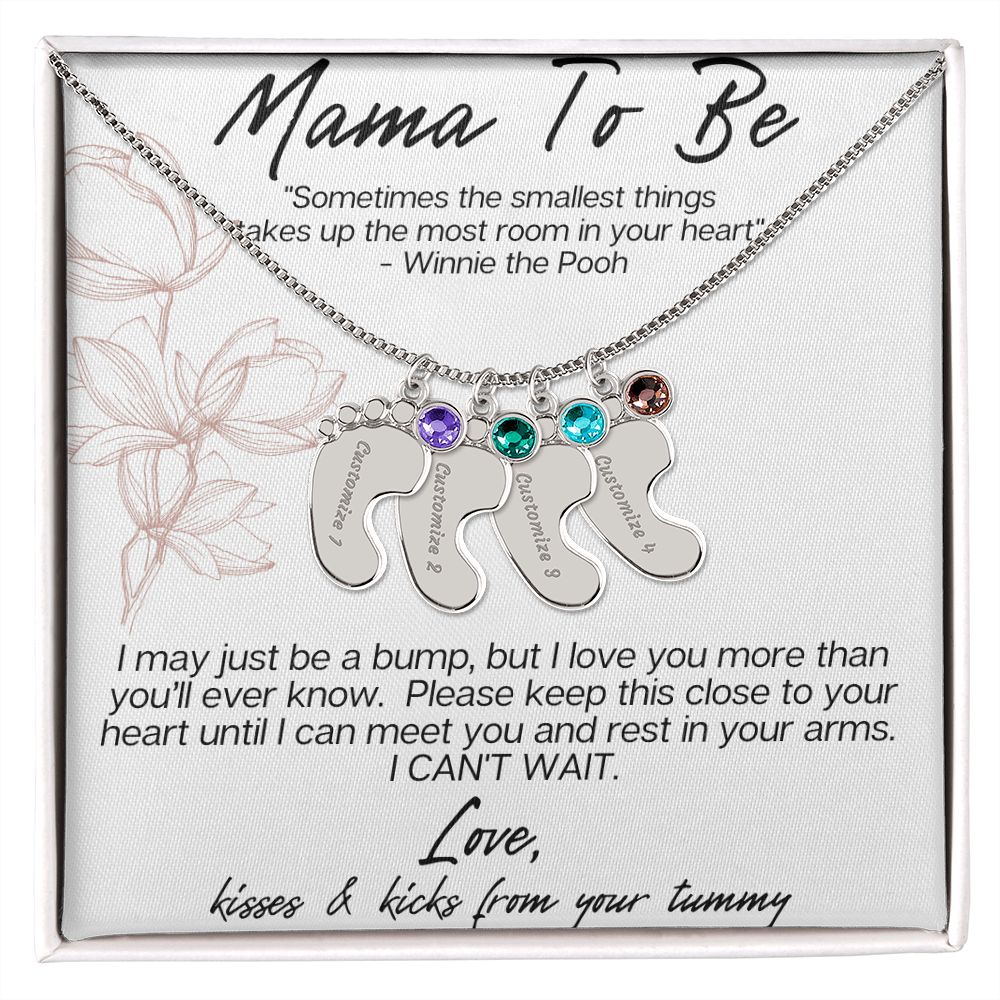 MAMA TO BE - I MAY JUST BE A BUMP ENGRAVED BABY FEET WITH BIRTHSTONES NECKLACE
