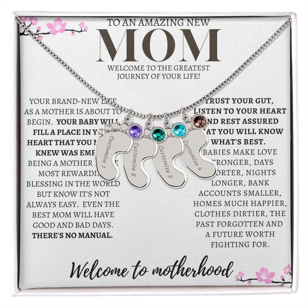 TO AN AMAZING NEW MOM ENGRAVED BABY FEET WITH BIRTHSTONE NECKLACE