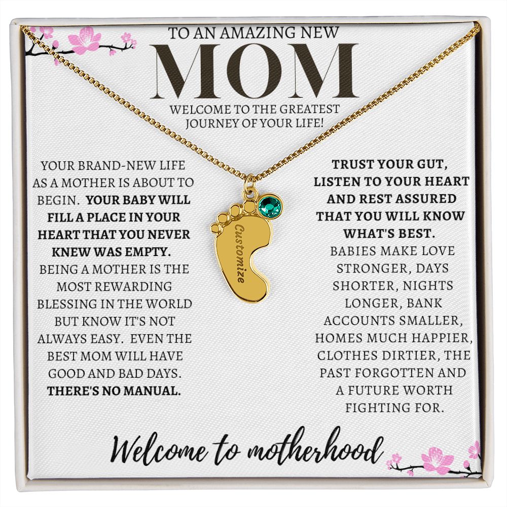 TO AN AMAZING NEW MOM ENGRAVED BABY FEET WITH BIRTHSTONE NECKLACE