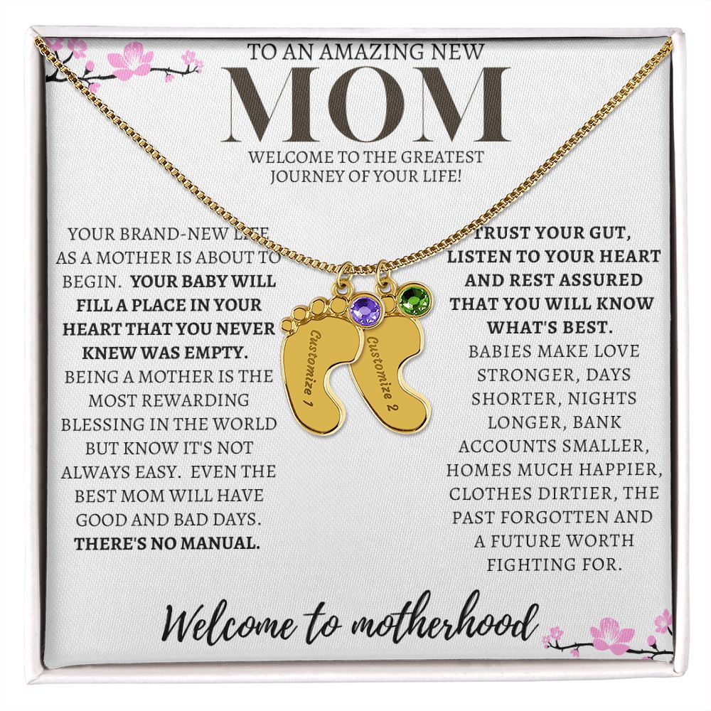 TO AN AMAZING NEW MOM ENGRAVED BABY FEET WITH BIRTHSTONE NECKLACE