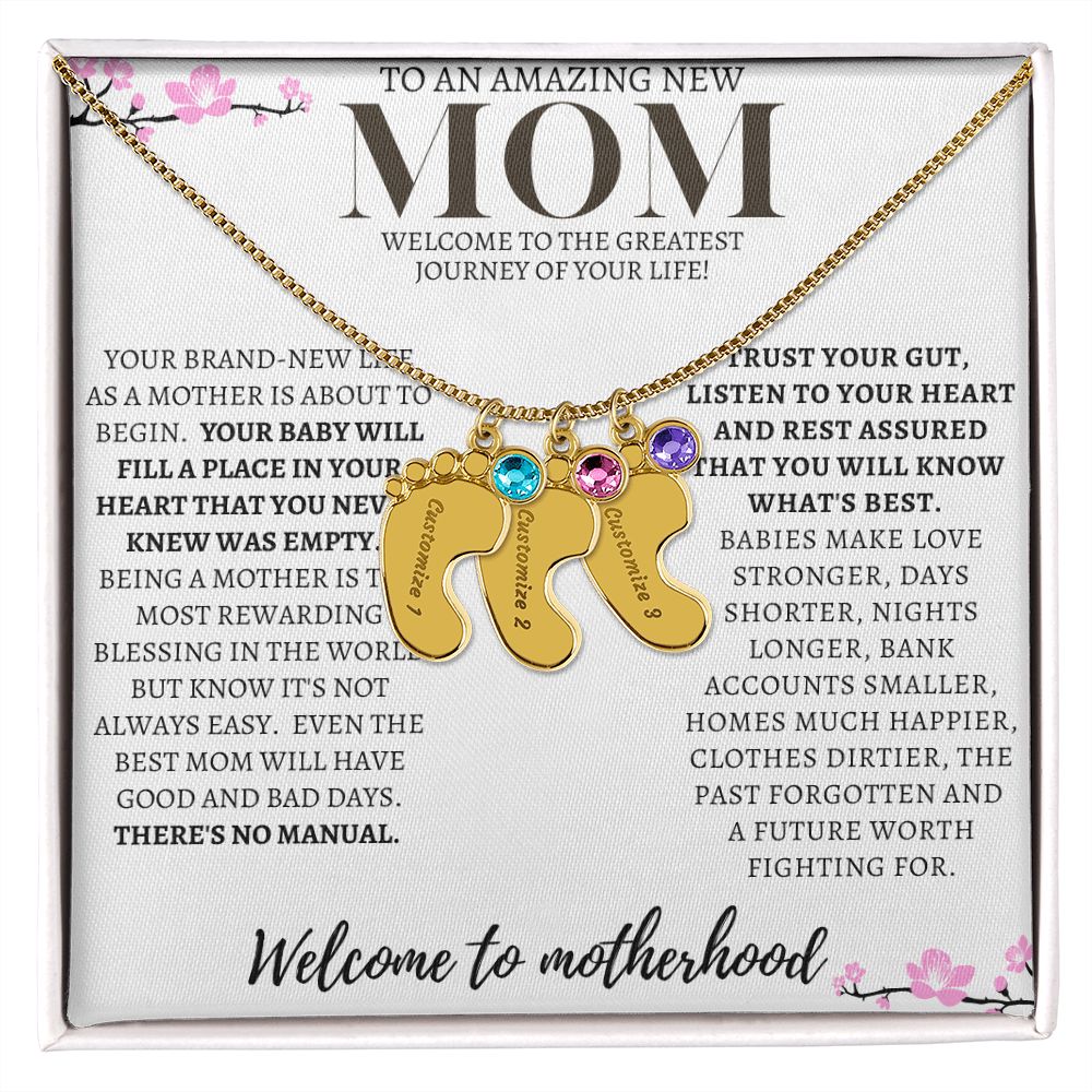 TO AN AMAZING NEW MOM ENGRAVED BABY FEET WITH BIRTHSTONE NECKLACE