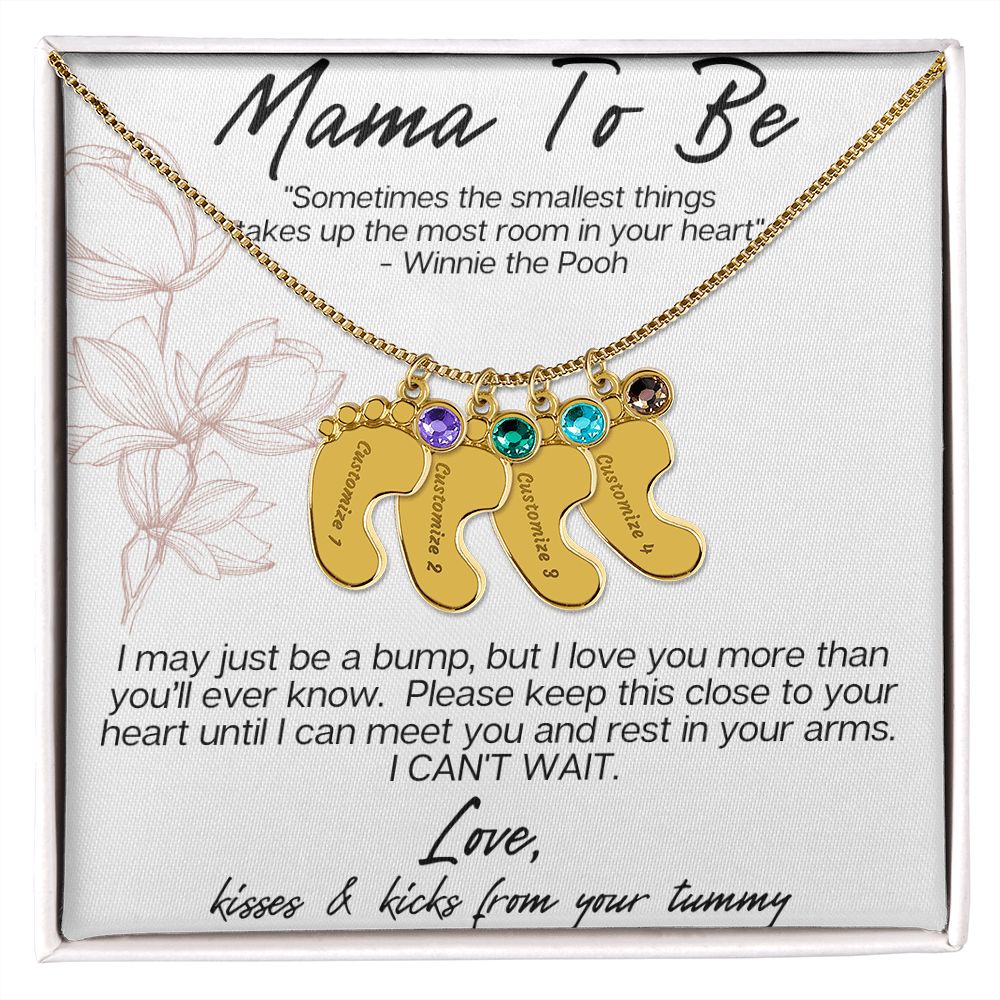 MAMA TO BE - I MAY JUST BE A BUMP ENGRAVED BABY FEET WITH BIRTHSTONES NECKLACE
