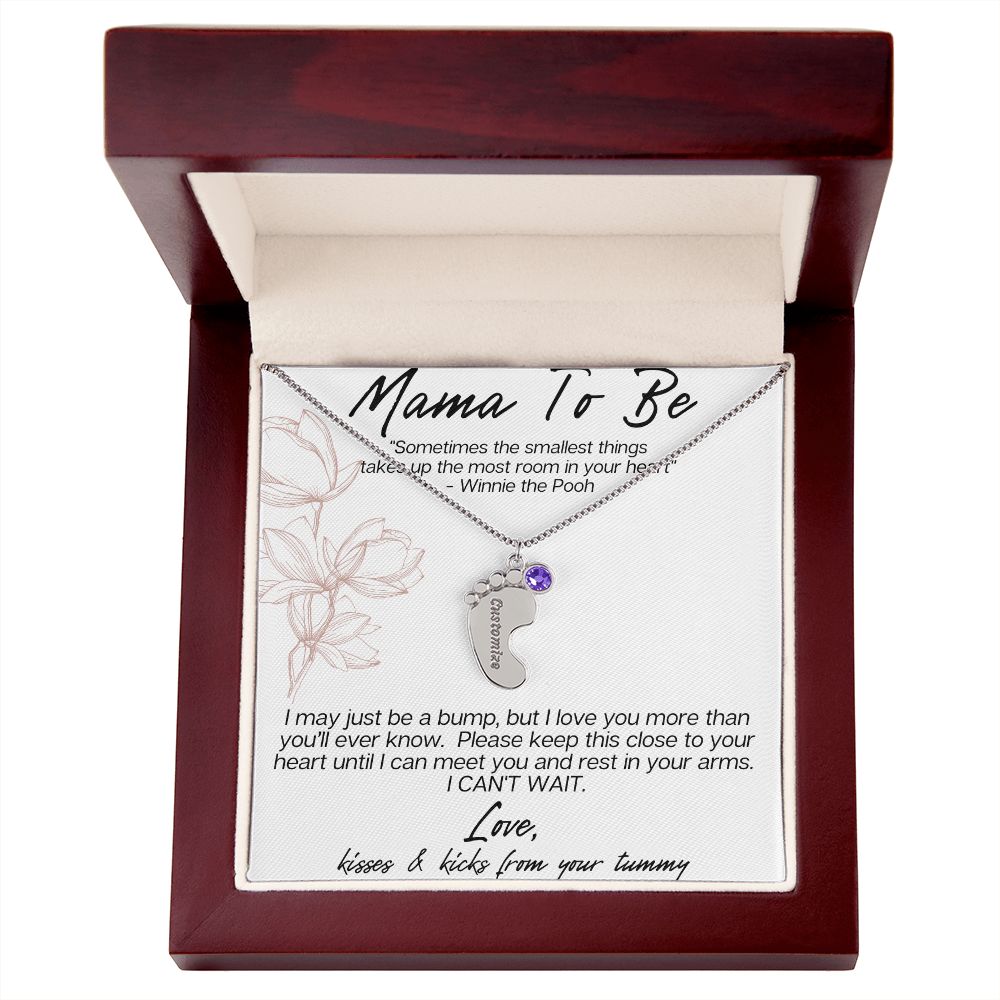 MAMA TO BE - I MAY JUST BE A BUMP ENGRAVED BABY FEET WITH BIRTHSTONES NECKLACE