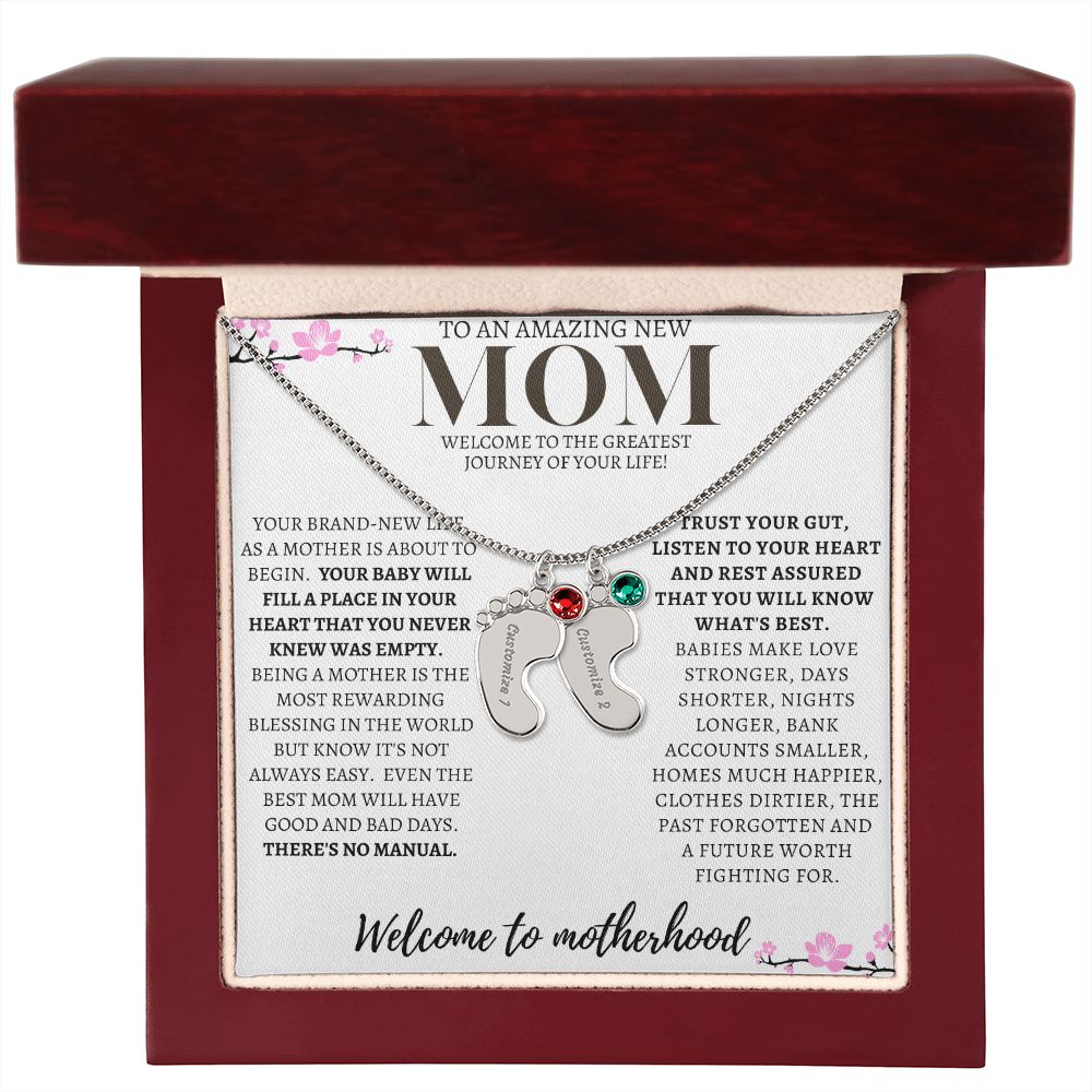 TO AN AMAZING NEW MOM ENGRAVED BABY FEET WITH BIRTHSTONE NECKLACE