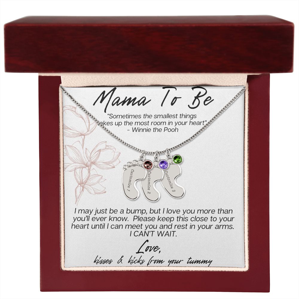 MAMA TO BE - I MAY JUST BE A BUMP ENGRAVED BABY FEET WITH BIRTHSTONES NECKLACE