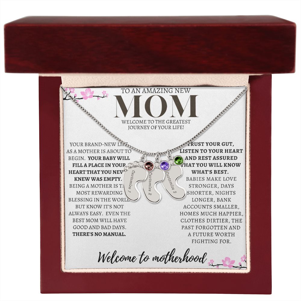 TO AN AMAZING NEW MOM ENGRAVED BABY FEET WITH BIRTHSTONE NECKLACE