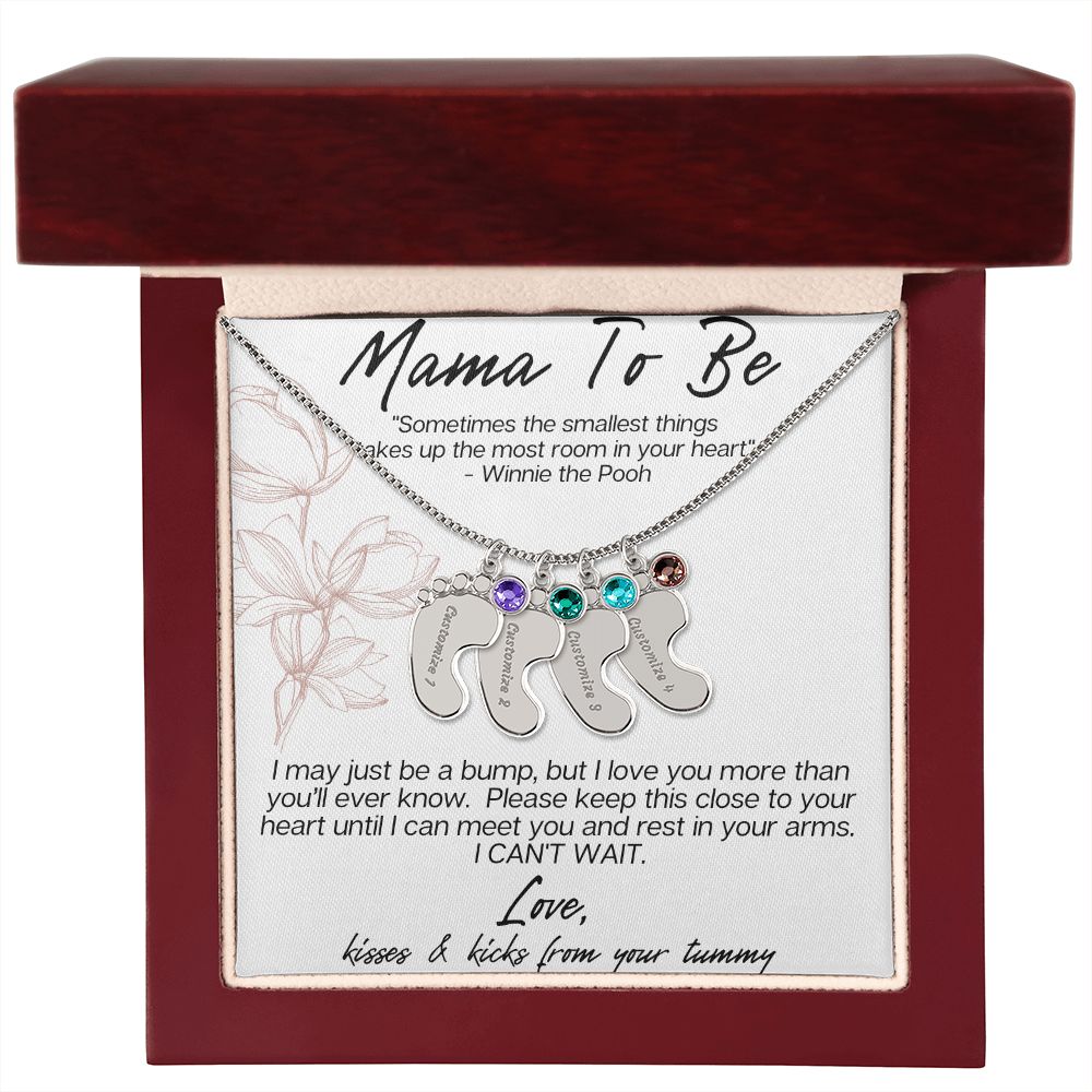 MAMA TO BE - I MAY JUST BE A BUMP ENGRAVED BABY FEET WITH BIRTHSTONES NECKLACE