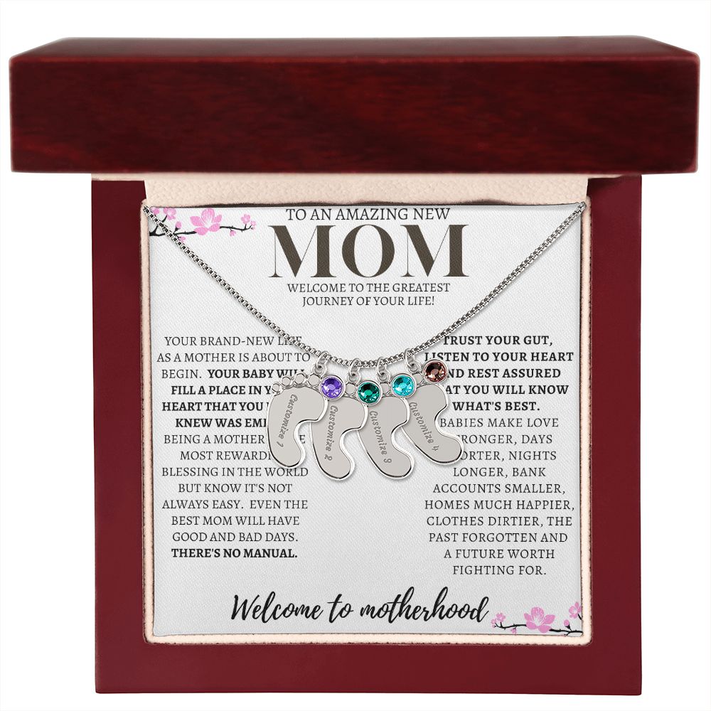 TO AN AMAZING NEW MOM ENGRAVED BABY FEET WITH BIRTHSTONE NECKLACE