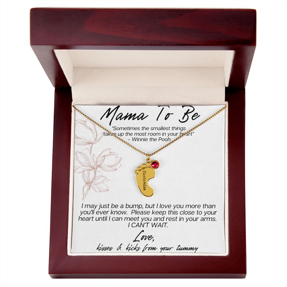 MAMA TO BE - I MAY JUST BE A BUMP ENGRAVED BABY FEET WITH BIRTHSTONES NECKLACE