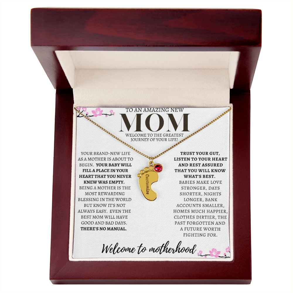 TO AN AMAZING NEW MOM ENGRAVED BABY FEET WITH BIRTHSTONE NECKLACE