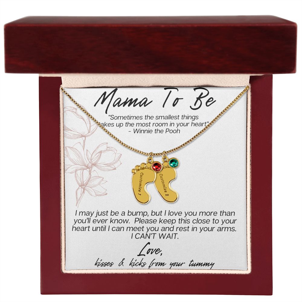 MAMA TO BE - I MAY JUST BE A BUMP ENGRAVED BABY FEET WITH BIRTHSTONES NECKLACE