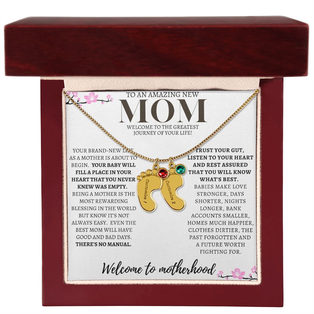 TO AN AMAZING NEW MOM ENGRAVED BABY FEET WITH BIRTHSTONE NECKLACE