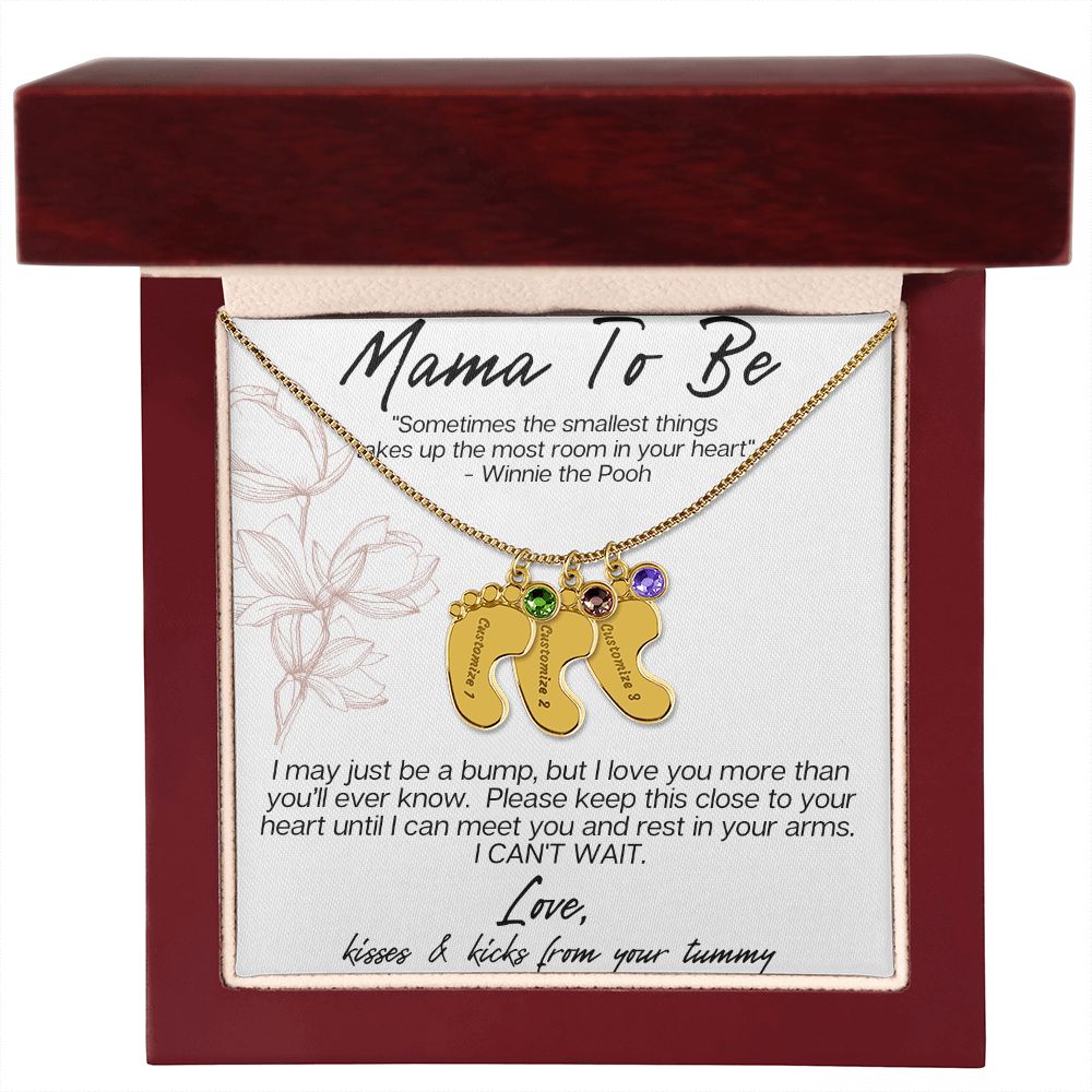 MAMA TO BE - I MAY JUST BE A BUMP ENGRAVED BABY FEET WITH BIRTHSTONES NECKLACE