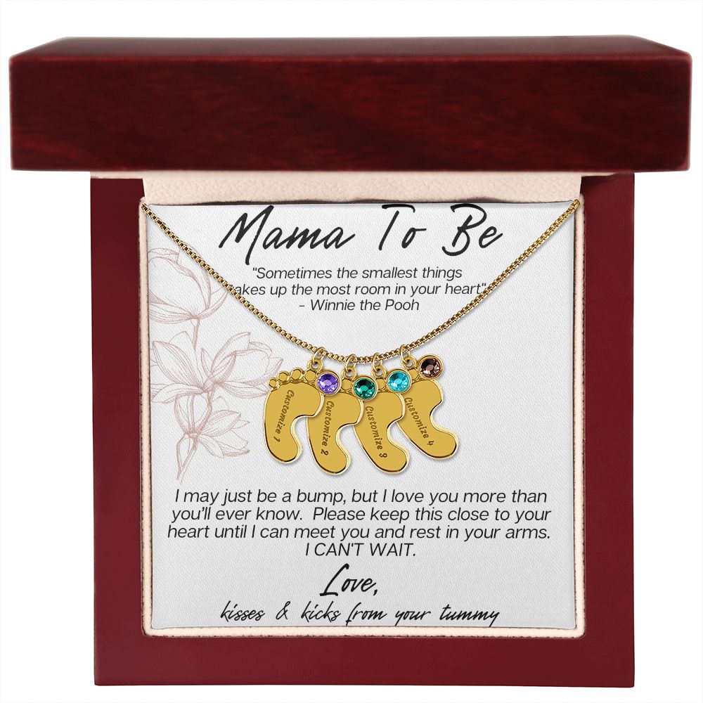 MAMA TO BE - I MAY JUST BE A BUMP ENGRAVED BABY FEET WITH BIRTHSTONES NECKLACE