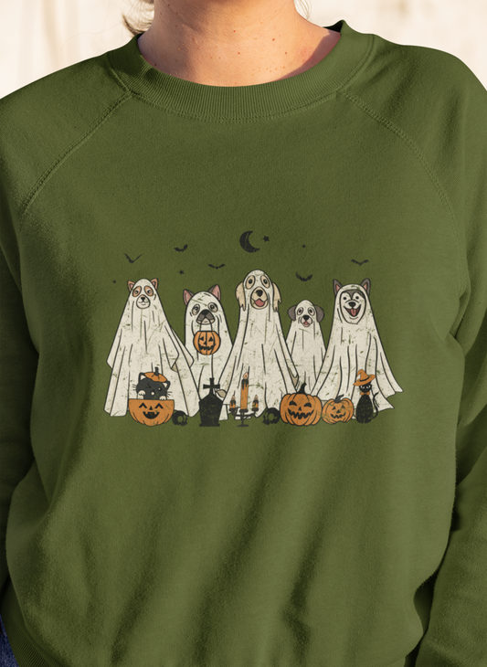 RETRO HALLOWEEN GHOST DOG UNISEX CREWNECK PULLOVER SWEATSHIRT