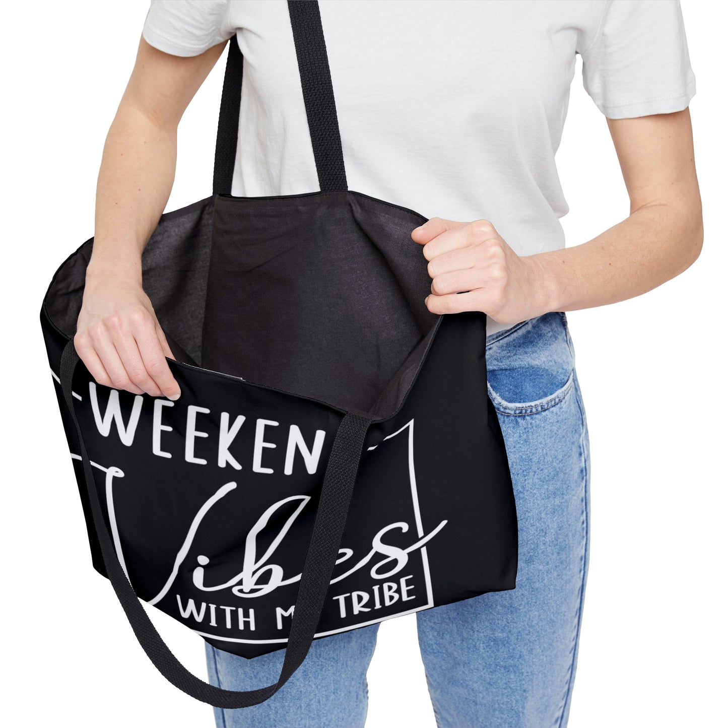 WEEKEND VIBES WITH MY TRIBE BW WEEKENDER TOTE BAG