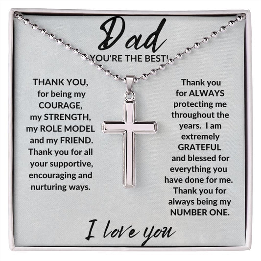 DAD, YOU'RE THE BEST STAINLESS STEEL CROSS NECKLACE W/BALL CHAIN & MC