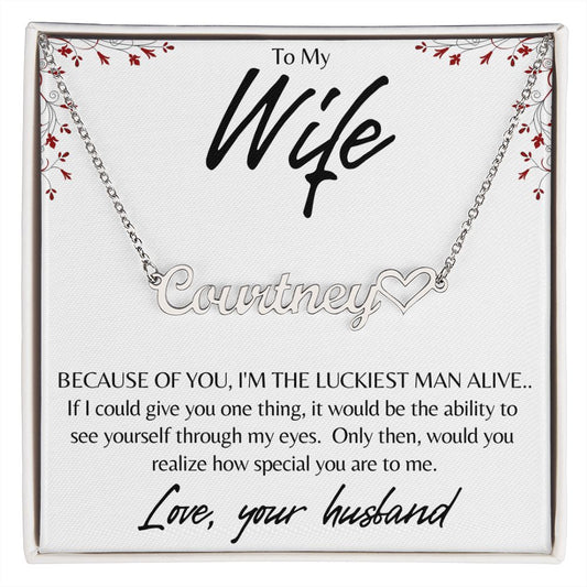 TO MY WIFE NAME NECKLACE & HEART W/MC, BIRTHDAY GIFT, VALENTINE'S GIFT, CHRISTMAS GIFT - Personalize w/name