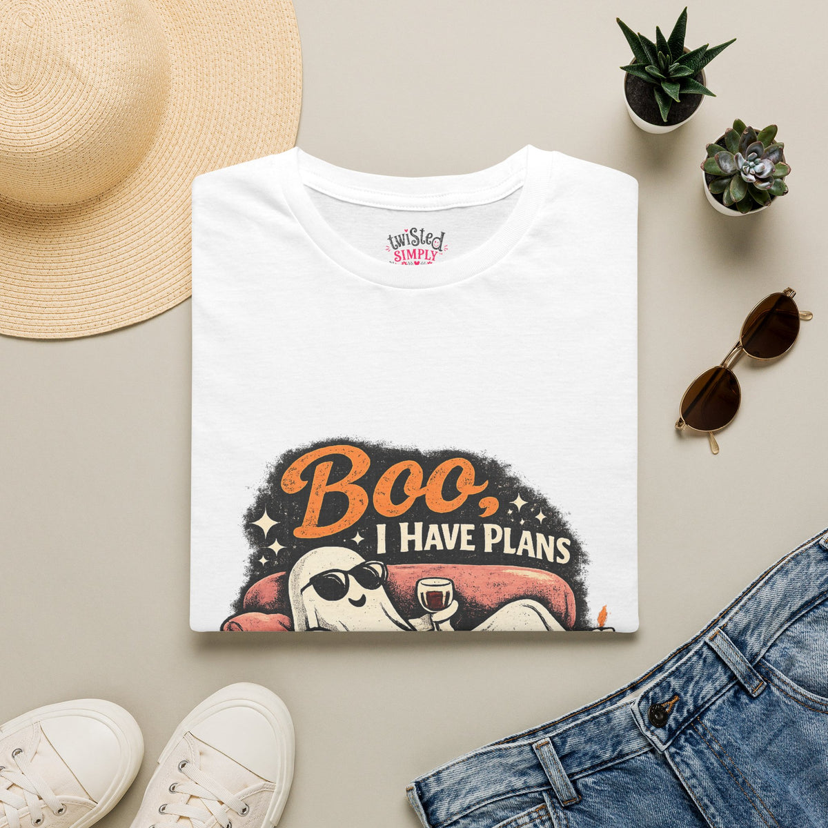 HALLOWEEN GHOST T-SHIRT — “Boo I HAVE PLANS” FUNNY COZY HALLOWEEN TEE