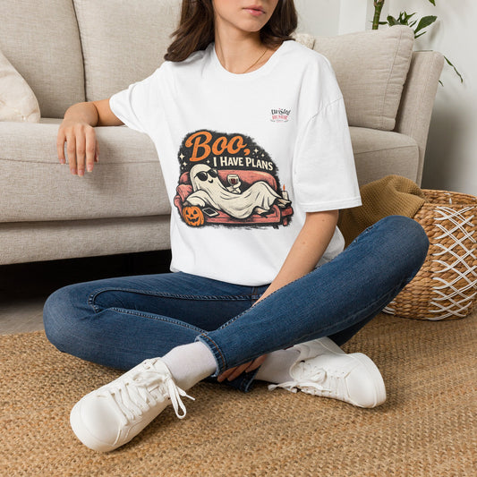 Halloween Ghost T-Shirt — “Boo I Have Plans” Funny Cozy Halloween Tee