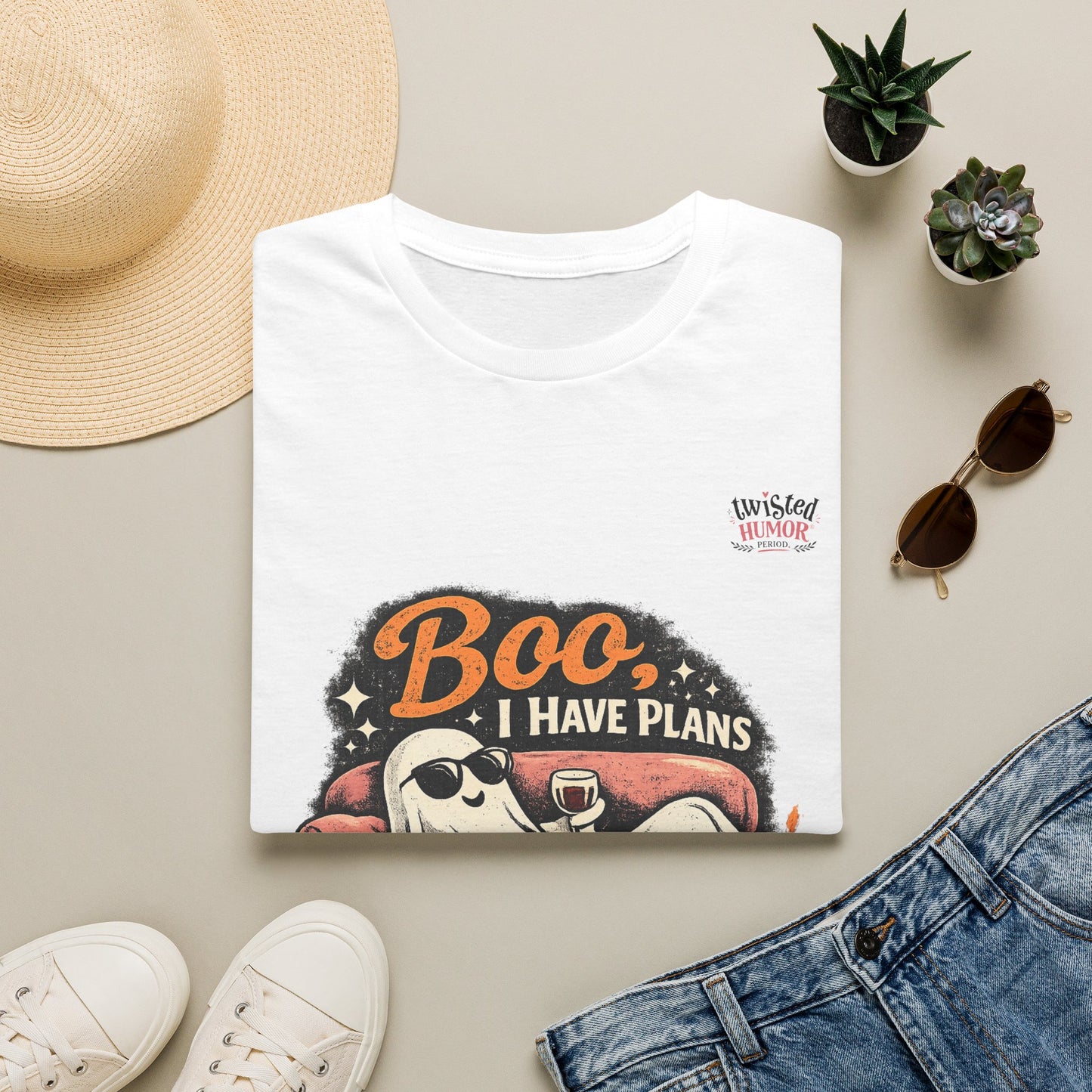 Halloween Ghost T-Shirt — “Boo I Have Plans” Funny Cozy Halloween Tee