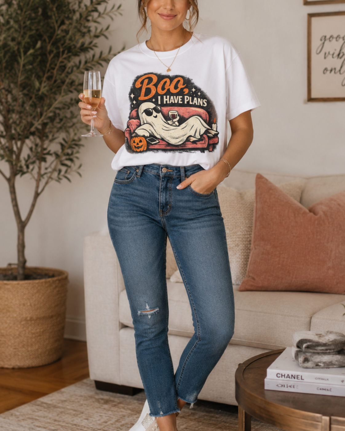 HALLOWEEN GHOST T-SHIRT — “Boo I HAVE PLANS” FUNNY COZY HALLOWEEN TEE