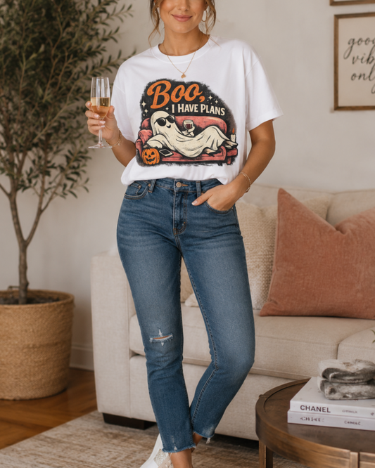 HALLOWEEN GHOST T-SHIRT — “Boo I HAVE PLANS” FUNNY COZY HALLOWEEN TEE