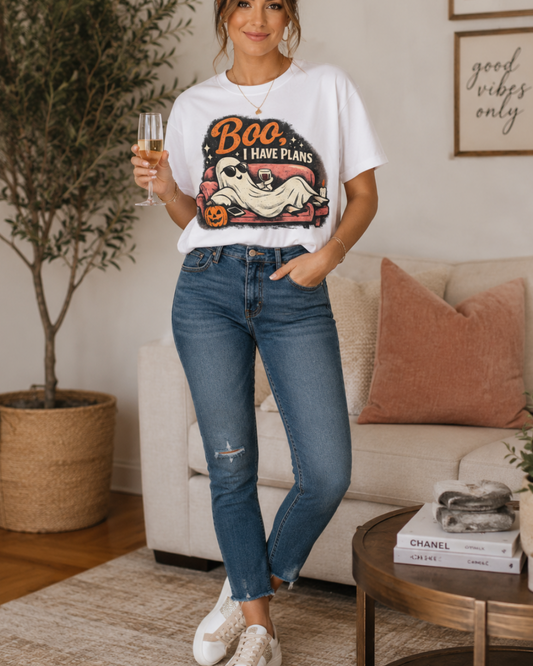 HALLOWEEN GHOST T-SHIRT — “Boo I HAVE PLANS” FUNNY COZY HALLOWEEN TEE