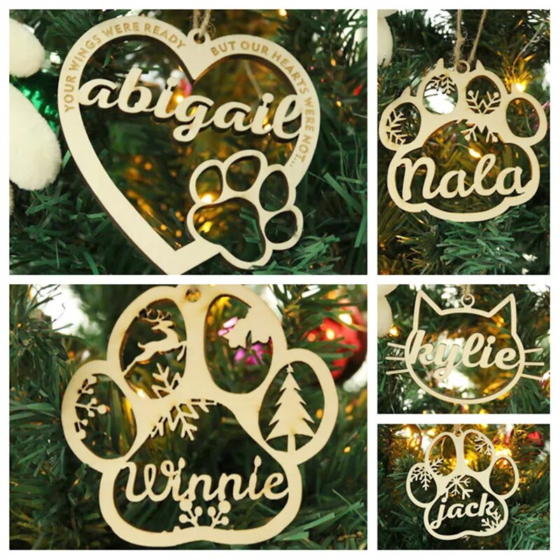 HOLLOW CHRISTMAS PENDANTS- CARTOON CAT, DOG, PAWPRINT WITH NAME - WOODEN ORNAMENTS FOR CHRISTMAS TREE