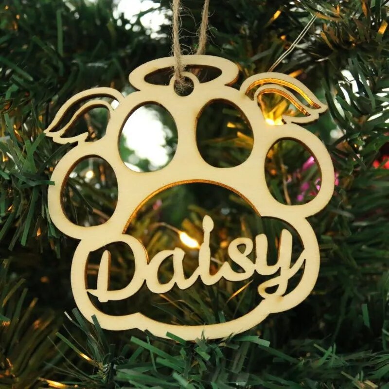HOLLOW CHRISTMAS PENDANTS- CARTOON CAT, DOG, PAWPRINT WITH NAME - WOODEN ORNAMENTS FOR CHRISTMAS TREE