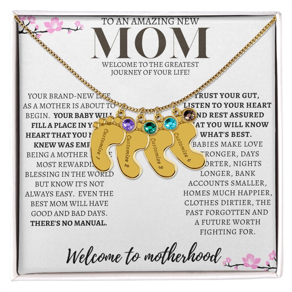 TO AN AMAZING NEW MOM ENGRAVED BABY FEET WITH BIRTHSTONE NECKLACE