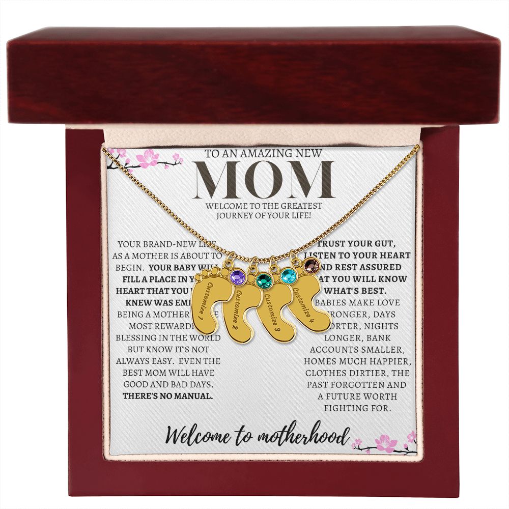 TO AN AMAZING NEW MOM ENGRAVED BABY FEET WITH BIRTHSTONE NECKLACE