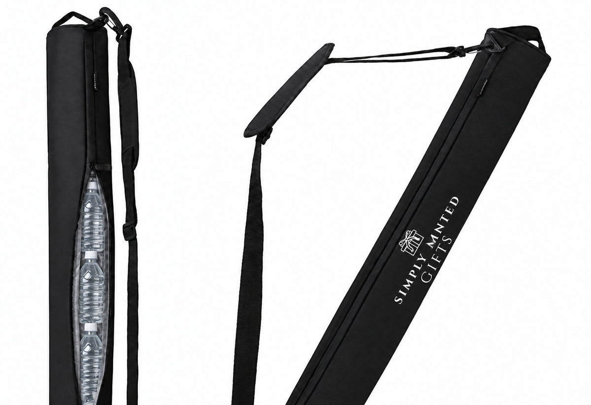 Black insulated golf cooler bag with standard 16-ounce water bottles arranged single-file and the Simply Minted Gifts logo