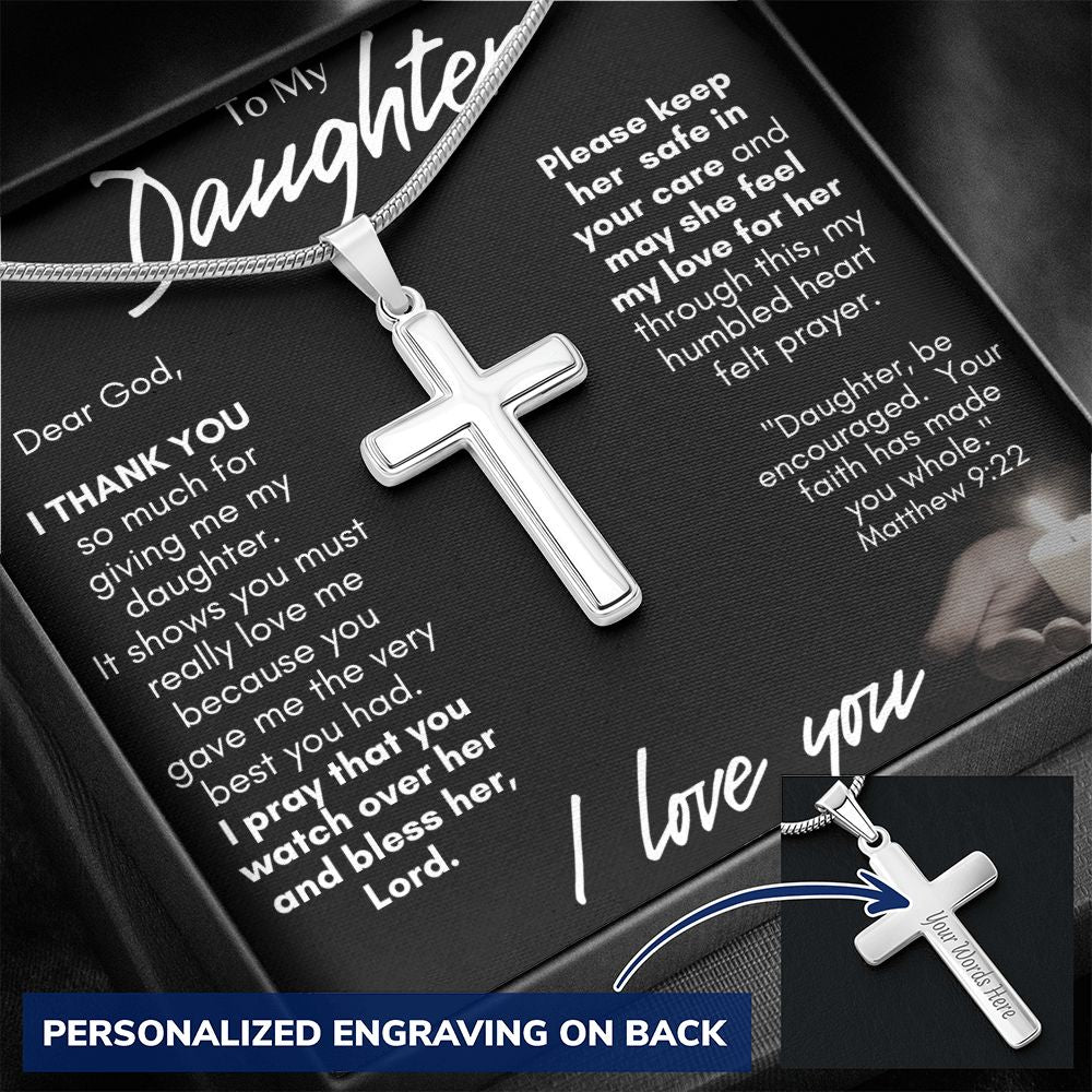 TO MY DAUGHTER PERSONALIZED STAINLESS STEEL CROSS NECKLACE W/MC