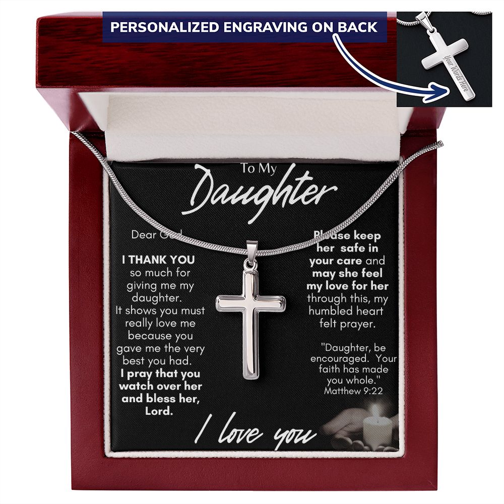TO MY DAUGHTER PERSONALIZED STAINLESS STEEL CROSS NECKLACE W/MC