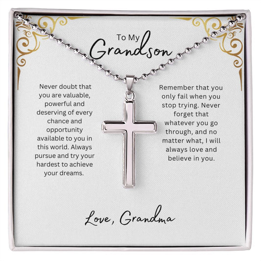 TO MY GRANDSON STAINLESS STEEL CROSS NECKLACE W/BALL CHAIN & MC, BIRTHDAY GIFT, CHRISTMAS GIFT, GRADUATION GIFT
