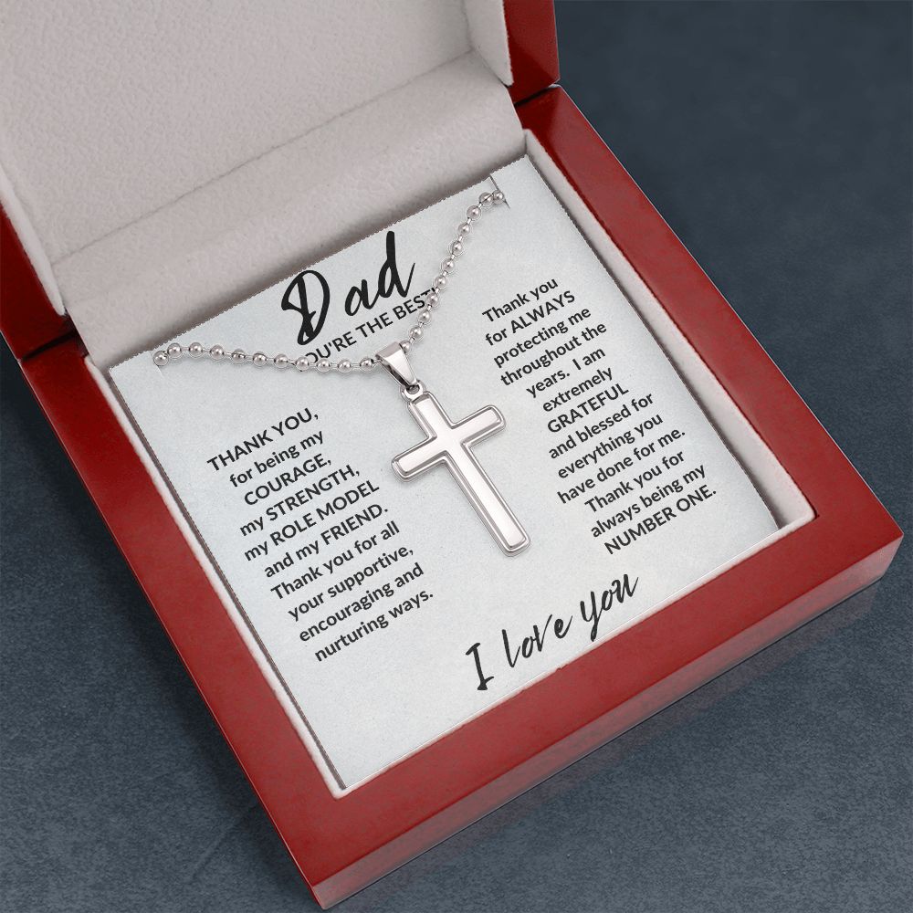 DAD, YOU'RE THE BEST STAINLESS STEEL CROSS NECKLACE W/BALL CHAIN & MC