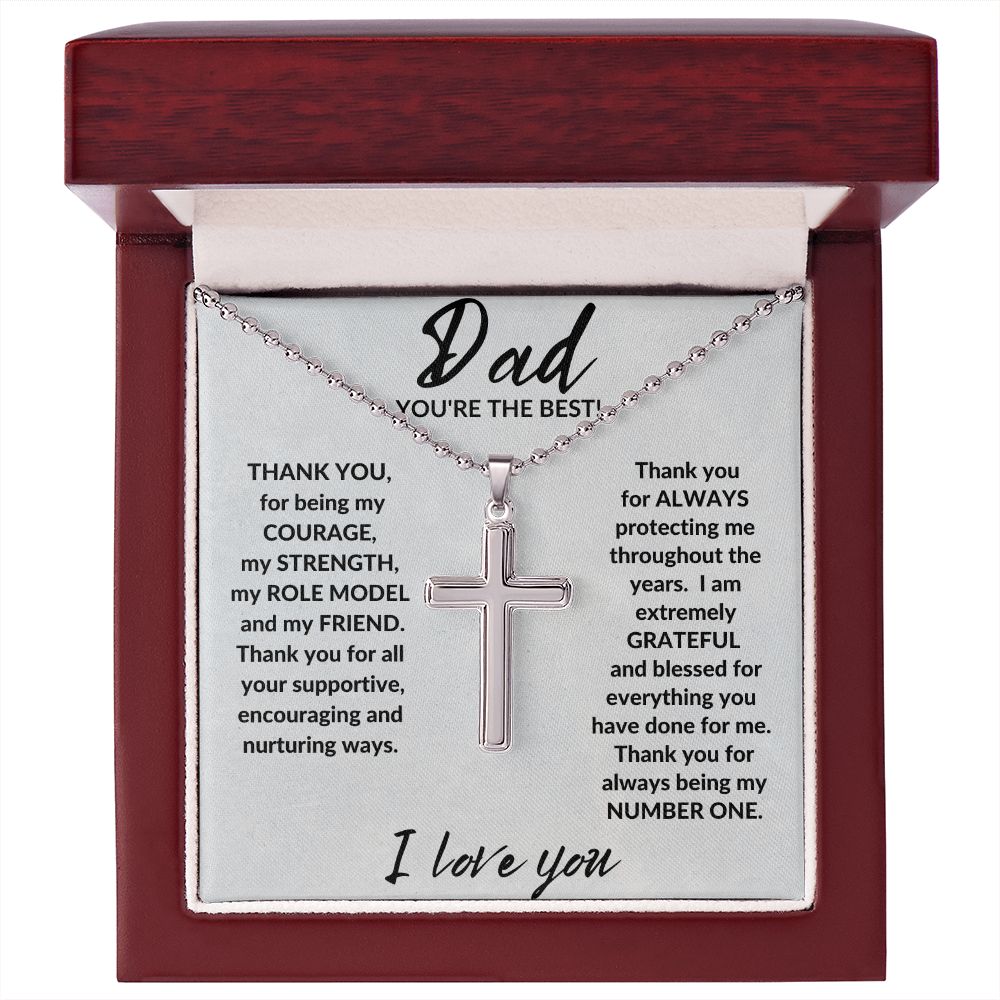 DAD, YOU'RE THE BEST STAINLESS STEEL CROSS NECKLACE W/BALL CHAIN & MC
