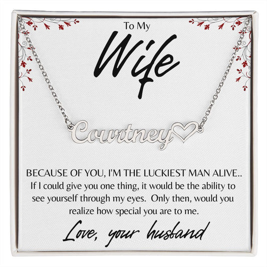 TO MY WIFE NAME NECKLACE & HEART W/MC, BIRTHDAY GIFT, VALENTINE'S GIFT, CHRISTMAS GIFT - Personalize w/name